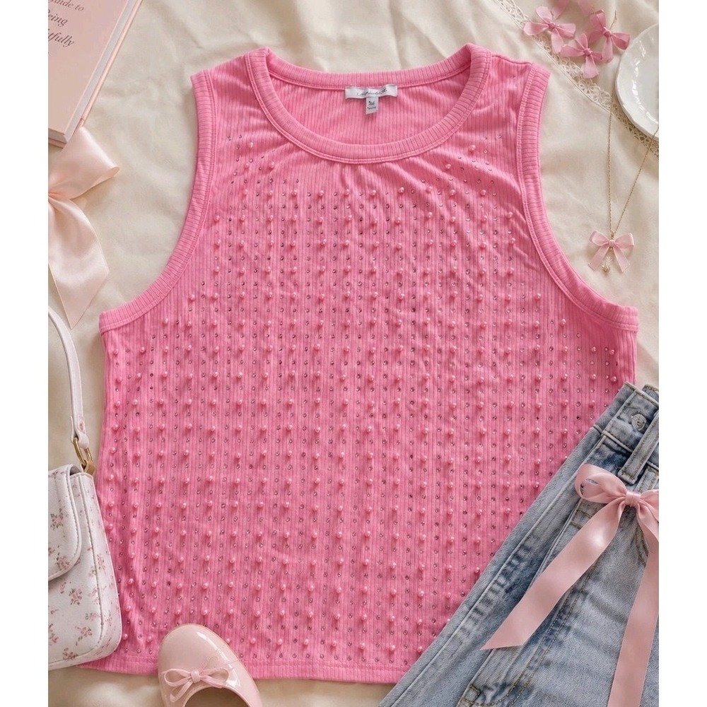 Plus Size 3X Pink Ribbed Tank Top Pearl Beaded Studded Y2K Coquette Stretch